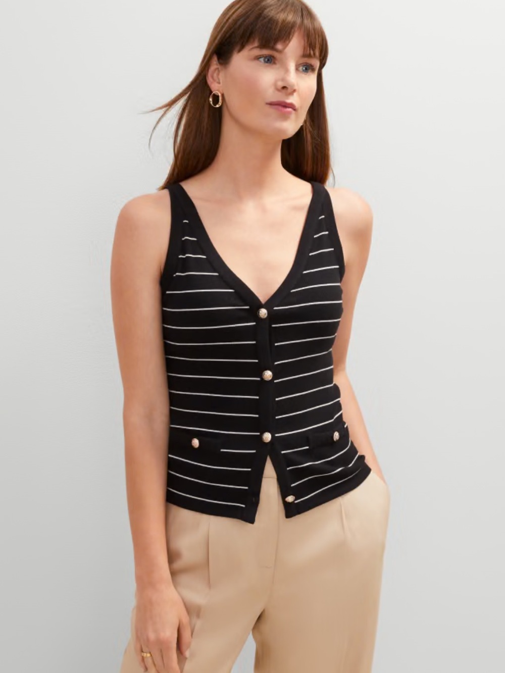 Ann Taylor Striped Button-Front Knit Tank Top - Black